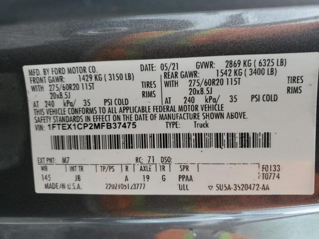 1FTEX1CP2MFB37475 - 2021 FORD F150 SUPER CAB GRAY photo 13