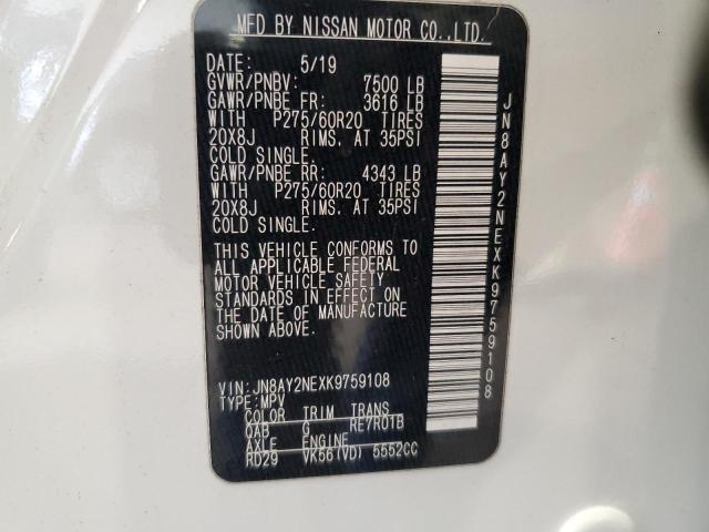 JN8AY2NEXK9759108 - 2019 NISSAN ARMADA PLATINUM WHITE photo 14