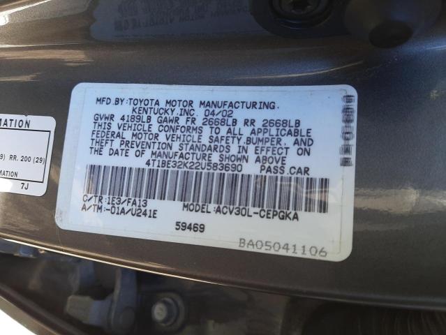 4T1BE32K22U583690 - 2002 TOYOTA CAMRY LE CHARCOAL photo 12