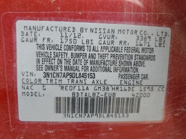 3N1CN7AP9DL845153 - 2013 NISSAN VERSA S RED photo 12