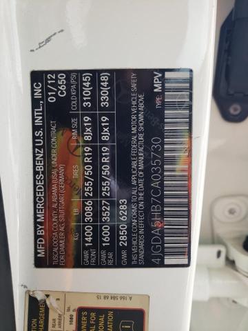 4JGDA5HB7CA035730 - 2012 MERCEDES-BENZ ML 350 4MATIC WHITE photo 12