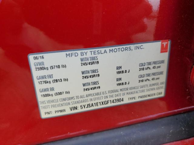 5YJSA1E1XGF143904 - 2016 TESLA MODEL S RED photo 13