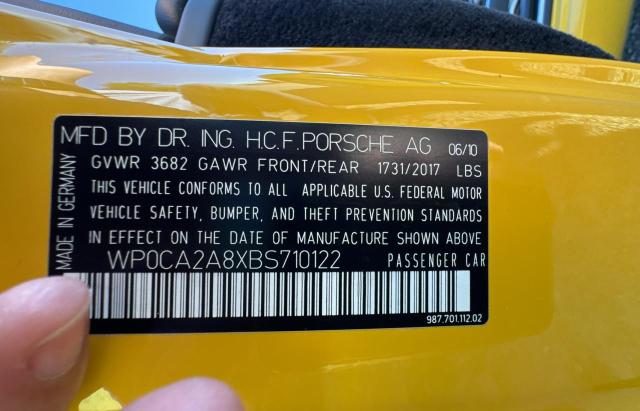 WP0CA2A8XBS710122 - 2011 PORSCHE BOXSTER YELLOW photo 10