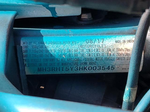 MH3RH15Y3HK003545 - 2017 YAMAHA YZFR3 A TURQUOISE photo 10