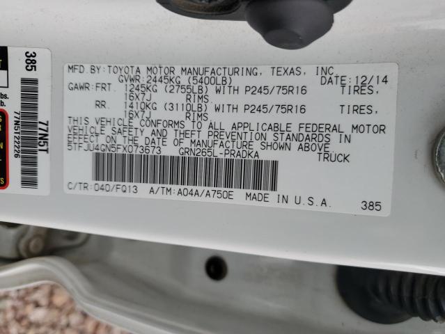 5TFJU4GN5FX073673 - 2015 TOYOTA TACOMA DOUBLE CAB PRERUNNER WHITE photo 12