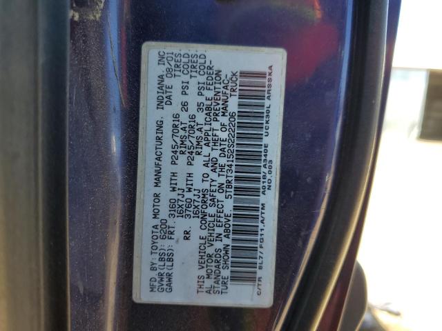 5TBRT34152S222206 - 2002 TOYOTA TUNDRA ACCESS CAB ლურჯი ფოტო 12