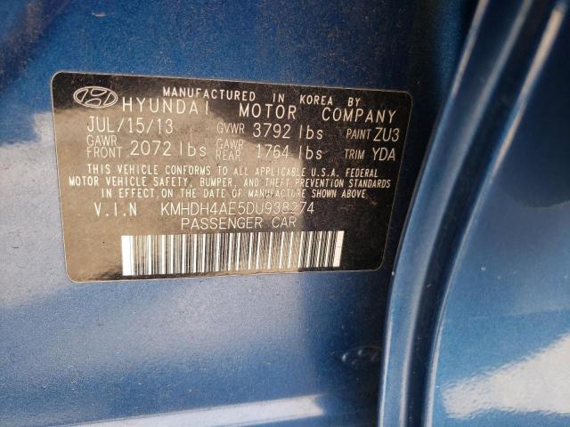 KMHDH4AE5DU938274 - 2013 HYUNDAI ELANTRA GLS BLUE photo 12