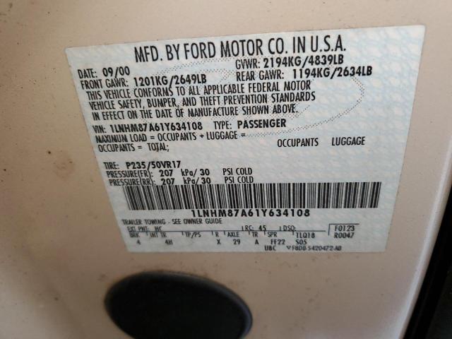 1LNHM87A61Y634108 - 2001 LINCOLN LS Krem foto 12