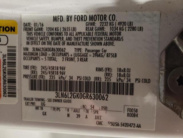 3LN6L2GK0GR630062 - 2016 LINCOLN MKZ WHITE photo 12