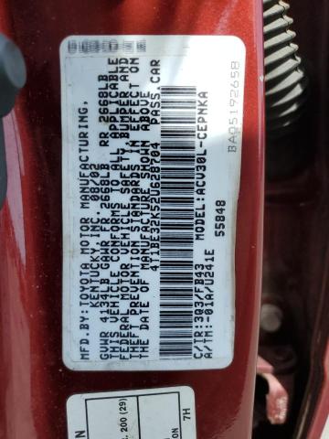 4T1BE32K52U628704 - 2002 TOYOTA CAMRY LE RED photo 12