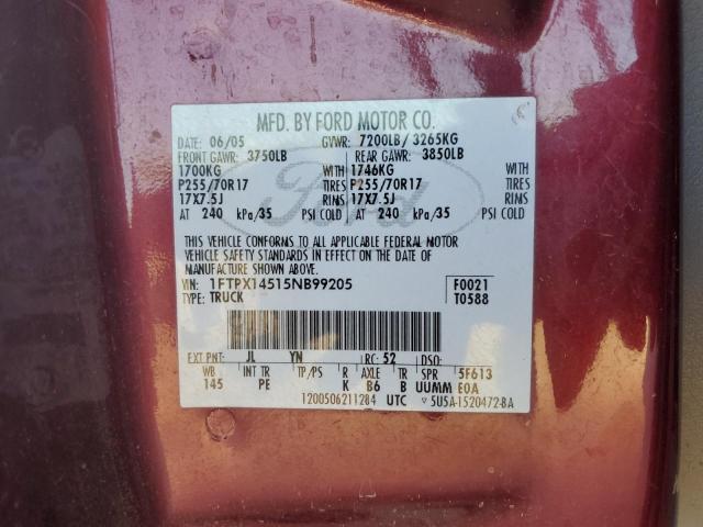 1FTPX14515NB99205 - 2005 FORD F150 BURGUNDY photo 12