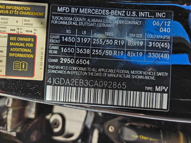 4JGDA2EB3CA092865 - 2012 MERCEDES-BENZ ML 350 BLUETEC BLACK photo 10