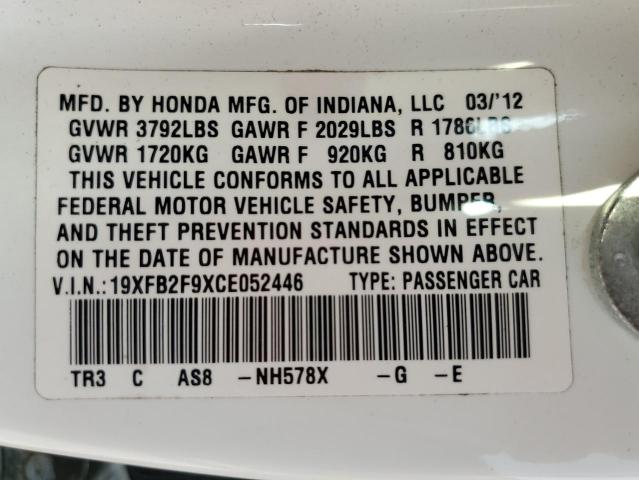 19XFB2F9XCE052446 - 2012 HONDA CIVIC EXL WHITE photo 12
