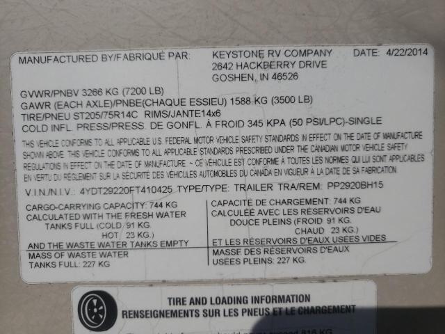 4YDT29220FT410425 - 2015 PASSPORT TRAVELTRLR TAN photo 10