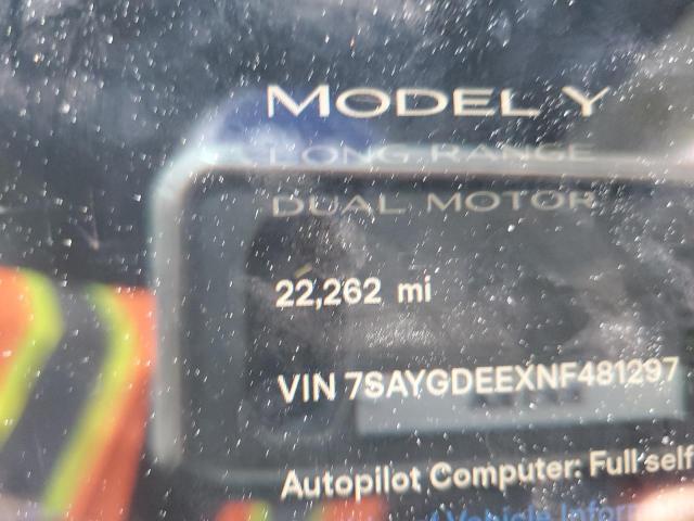 7SAYGDEEXNF481297 - 2022 TESLA MODEL Y BLACK photo 9