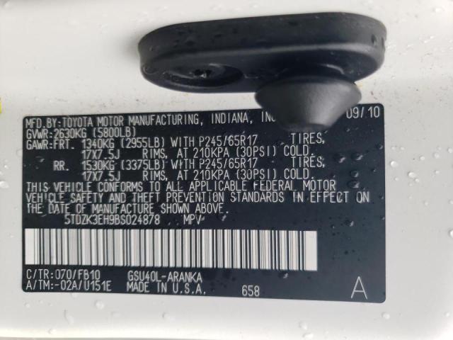 5TDZK3EH9BS024878 - 2011 TOYOTA HIGHLANDER BASE WHITE photo 13