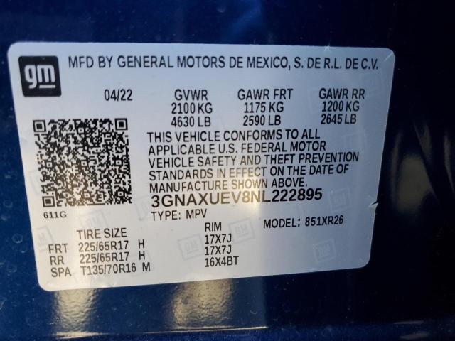 3GNAXUEV8NL222895 - 2022 CHEVROLET EQUINOX LT BLUE photo 13