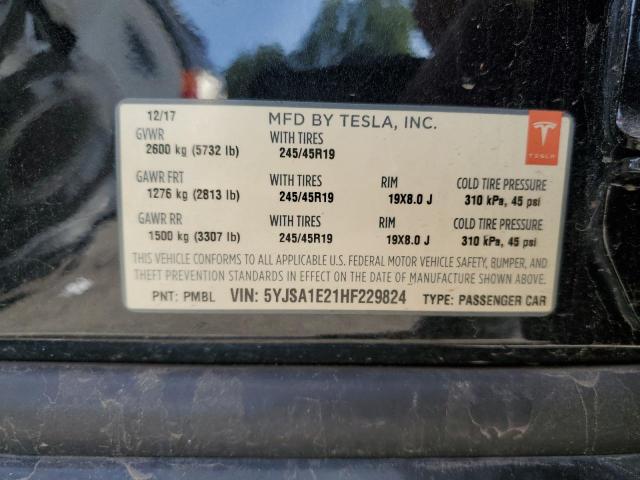 5YJSA1E21HF229824 - 2017 TESLA MODEL S შავი ფოტო 12