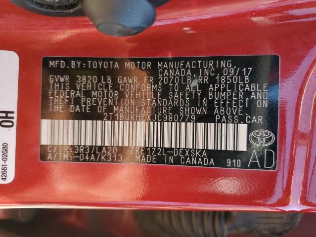 2T1BURHEXJC980779 - 2018 TOYOTA COROLLA L RED photo 12