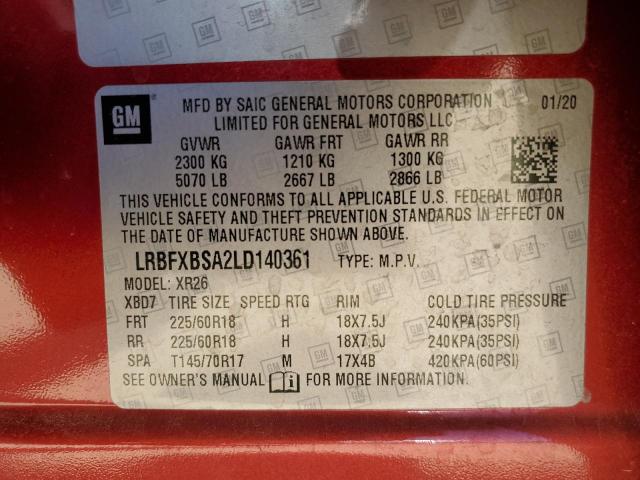 LRBFXBSA2LD140361 - 2020 BUICK ENVISION PREFERRED წითელი ფოტო 14