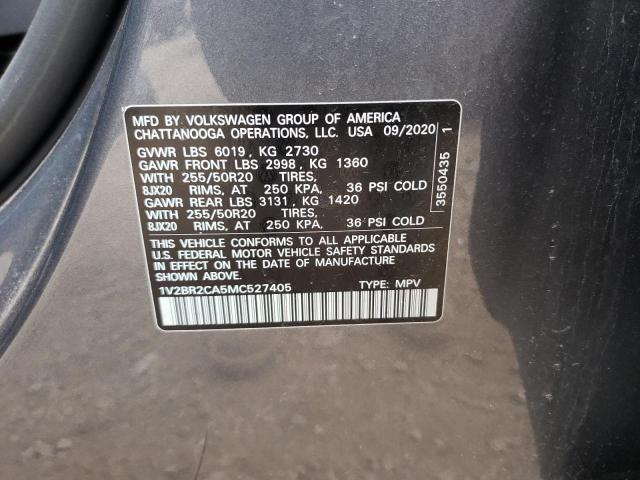 1V2BR2CA5MC527405 - 2021 VOLKSWAGEN ATLAS SEL GRAY photo 10