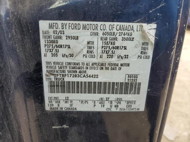 2FTRF17283CA54422 - 2003 FORD F150 BLUE photo 12