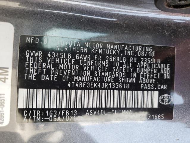 4T4BF3EK4BR133618 - 2011 TOYOTA CAMRY BASE GRAY photo 12