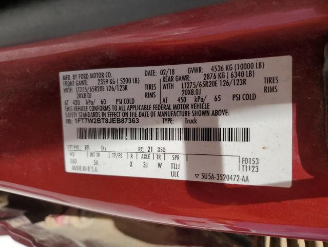 1FT7W2BT8JEB87363 - 2018 FORD F250 SUPER DUTY RED photo 12