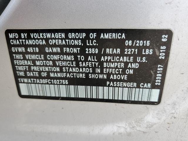 1VWAT7A30FC102755 - 2015 VOLKSWAGEN PASSAT S SILVER photo 12