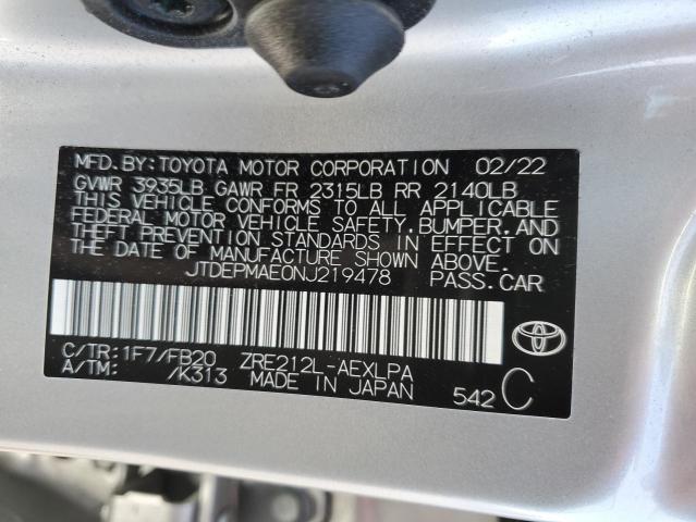 JTDEPMAE0NJ219478 - 2022 TOYOTA COROLLA LE SILVER photo 12