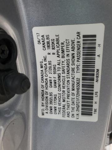 2HGFC1F72HH650632 - 2017 HONDA CIVIC EXL 银色 照片 12