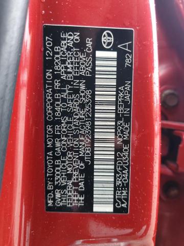 JTDBT923981235398 - 2008 TOYOTA YARIS RED photo 12