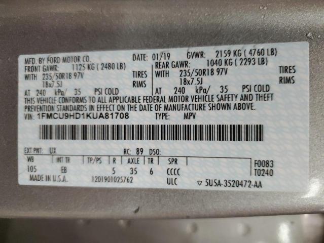 1FMCU9HD1KUA81708 - 2019 FORD ESCAPE SEL SILVER photo 14