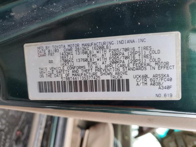 5TBBT44113S377425 - 2003 TOYOTA TUNDRA ACCESS CAB SR5 GREEN photo 12