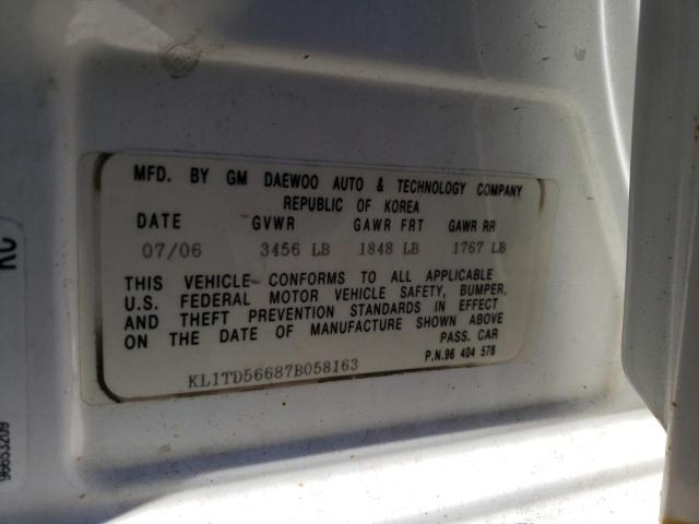 KL1TD56687B058163 - 2007 CHEVROLET AVEO BASE WHITE photo 13