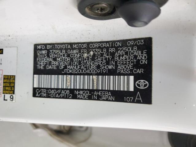 JTDKB20U040009191 - 2004 TOYOTA PRIUS WHITE photo 12