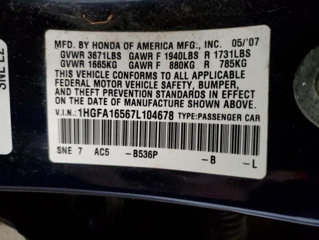 1HGFA16567L104678 - 2007 HONDA CIVIC LX BLUE photo 12