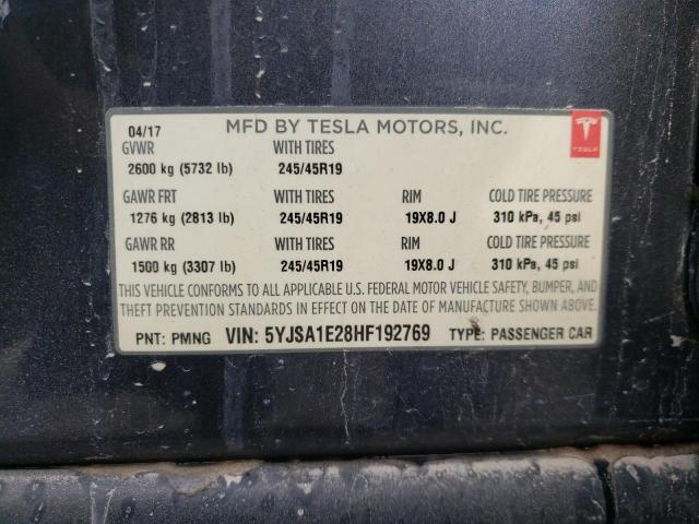 5YJSA1E28HF192769 - 2017 TESLA MODEL S Կապույտ լուսանկար 10