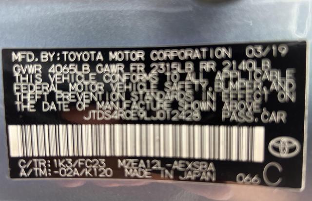 JTDS4RCE9LJ012428 - 2020 TOYOTA COROLLA SE GRAY photo 10