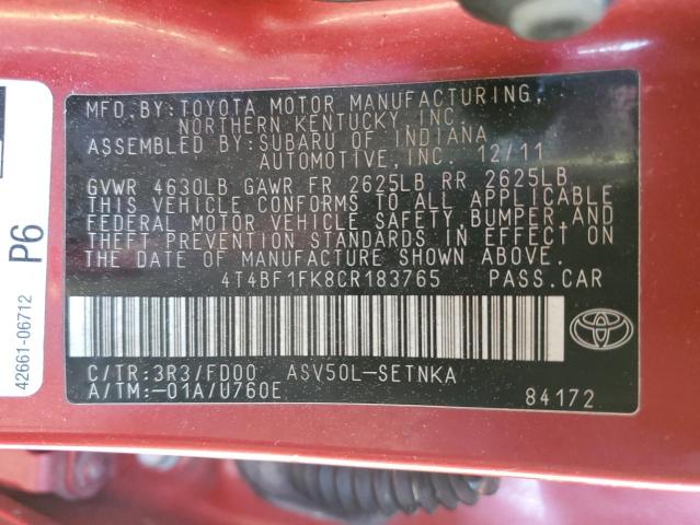 4T4BF1FK8CR183765 - 2012 TOYOTA CAMRY BASE RED photo 12