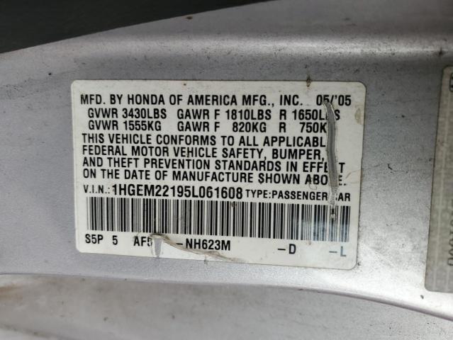 1HGEM22195L061608 - 2005 HONDA CIVIC DX VP SILVER photo 12