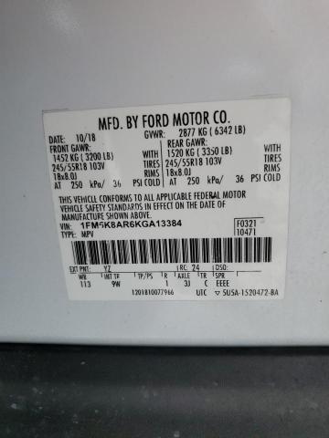 1FM5K8AR6KGA13384 - 2019 FORD EXPLORER POLICE INTERCEPTOR 白色 照片 13