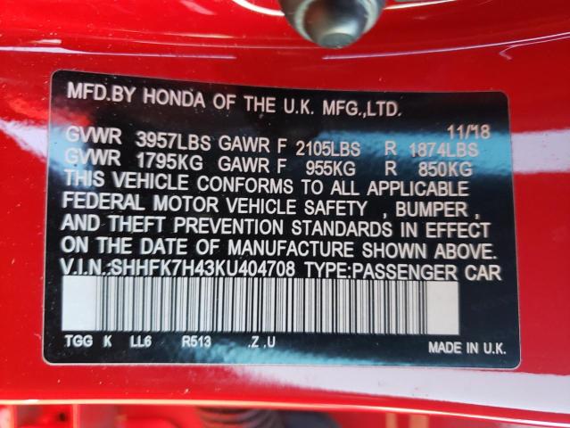 SHHFK7H43KU404708 - 2019 HONDA CIVIC SPORT 红色 照片 12