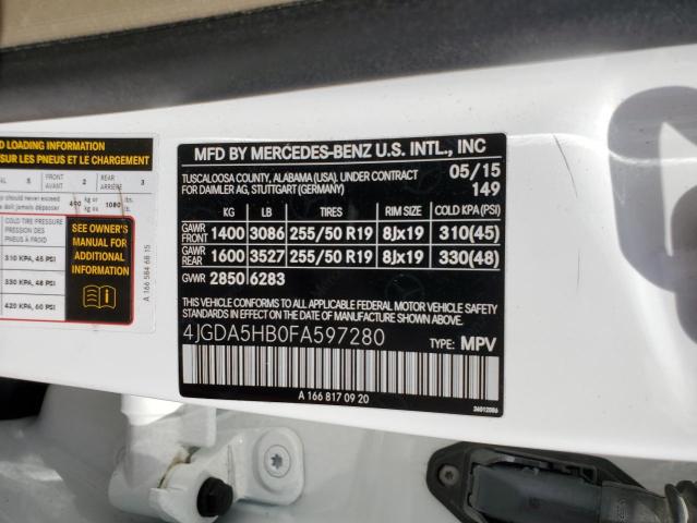 4JGDA5HB0FA597280 - 2015 MERCEDES-BENZ ML 350 4MATIC WHITE photo 12