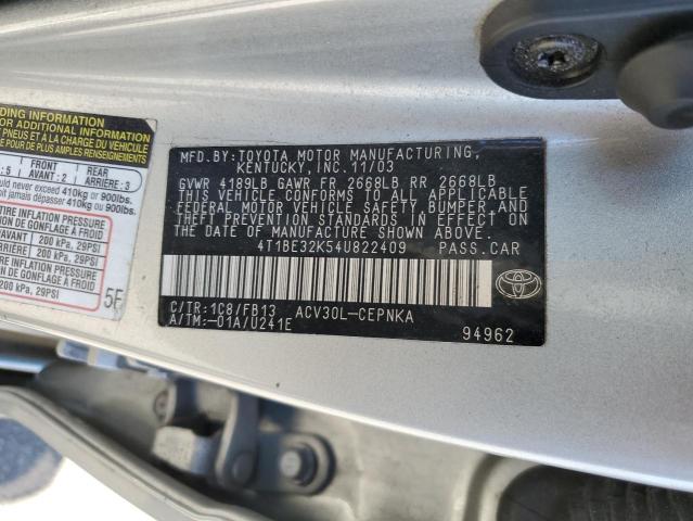 4T1BE32K54U822409 - 2004 TOYOTA CAMRY LE SILVER photo 12