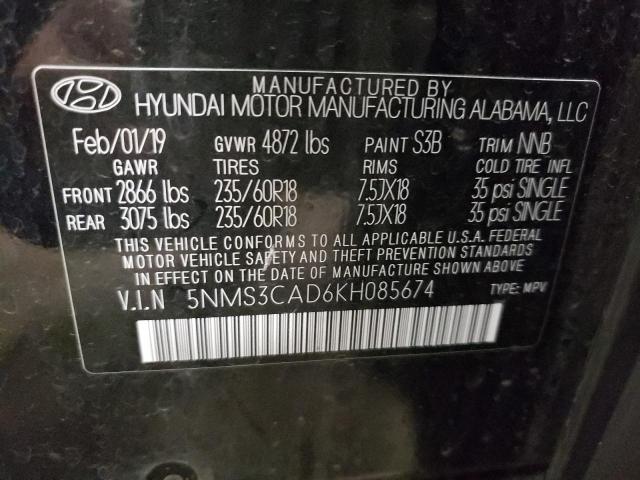 5NMS3CAD6KH085674 - 2019 HYUNDAI SANTA FE SEL BLACK photo 13