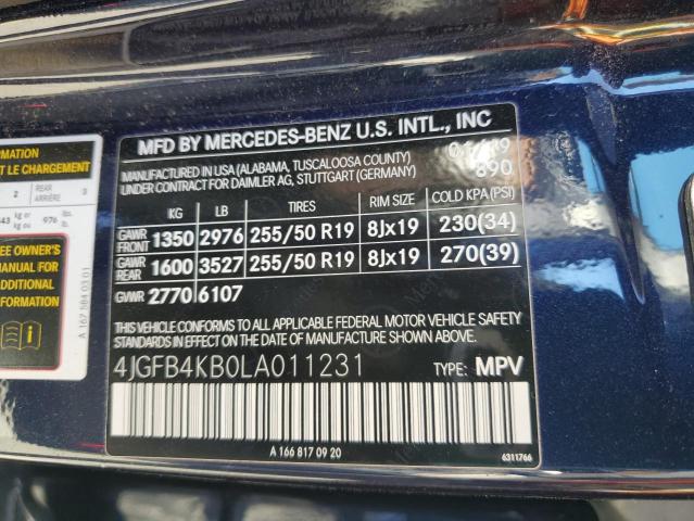 4JGFB4KB0LA011231 - 2020 MERCEDES-BENZ GLE 350 4MATIC BLUE photo 12