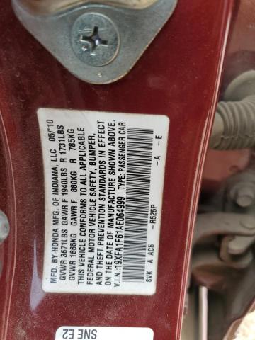 19XFA1F61AE064999 - 2010 HONDA CIVIC LX-S 勃艮第红 照片 12