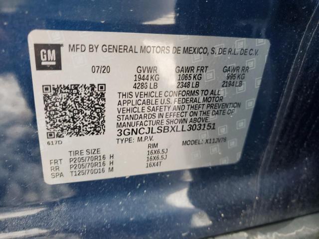 3GNCJLSBXLL303151 - 2020 CHEVROLET TRAX 1LT BLUE photo 13