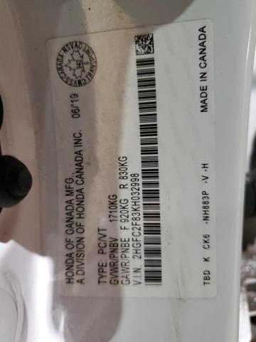 2HGFC2F83KH032998 - 2019 HONDA CIVIC SPORT WHITE photo 12